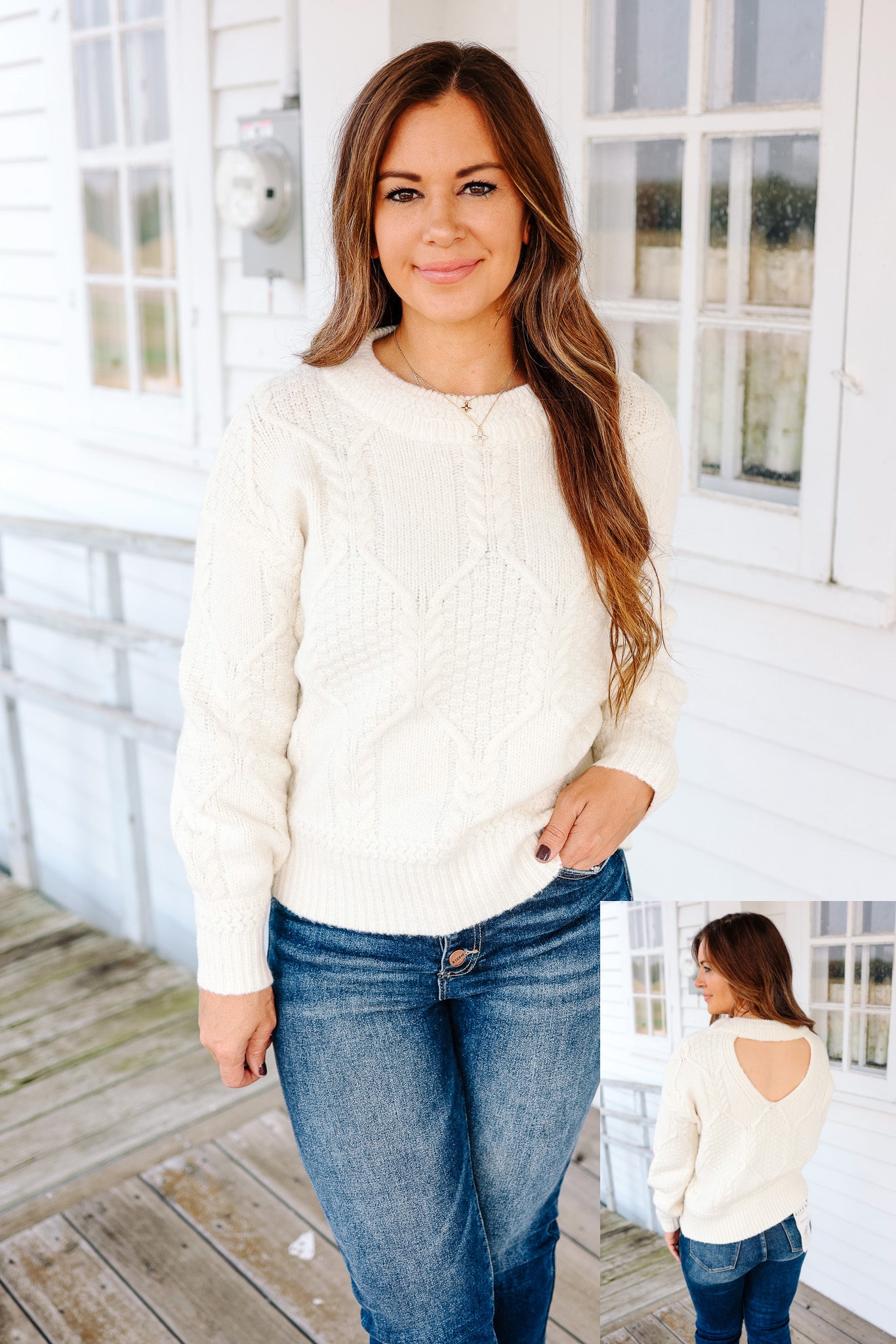 Gia Cut Out Back Knit Sweater Ivory Aiden Oak