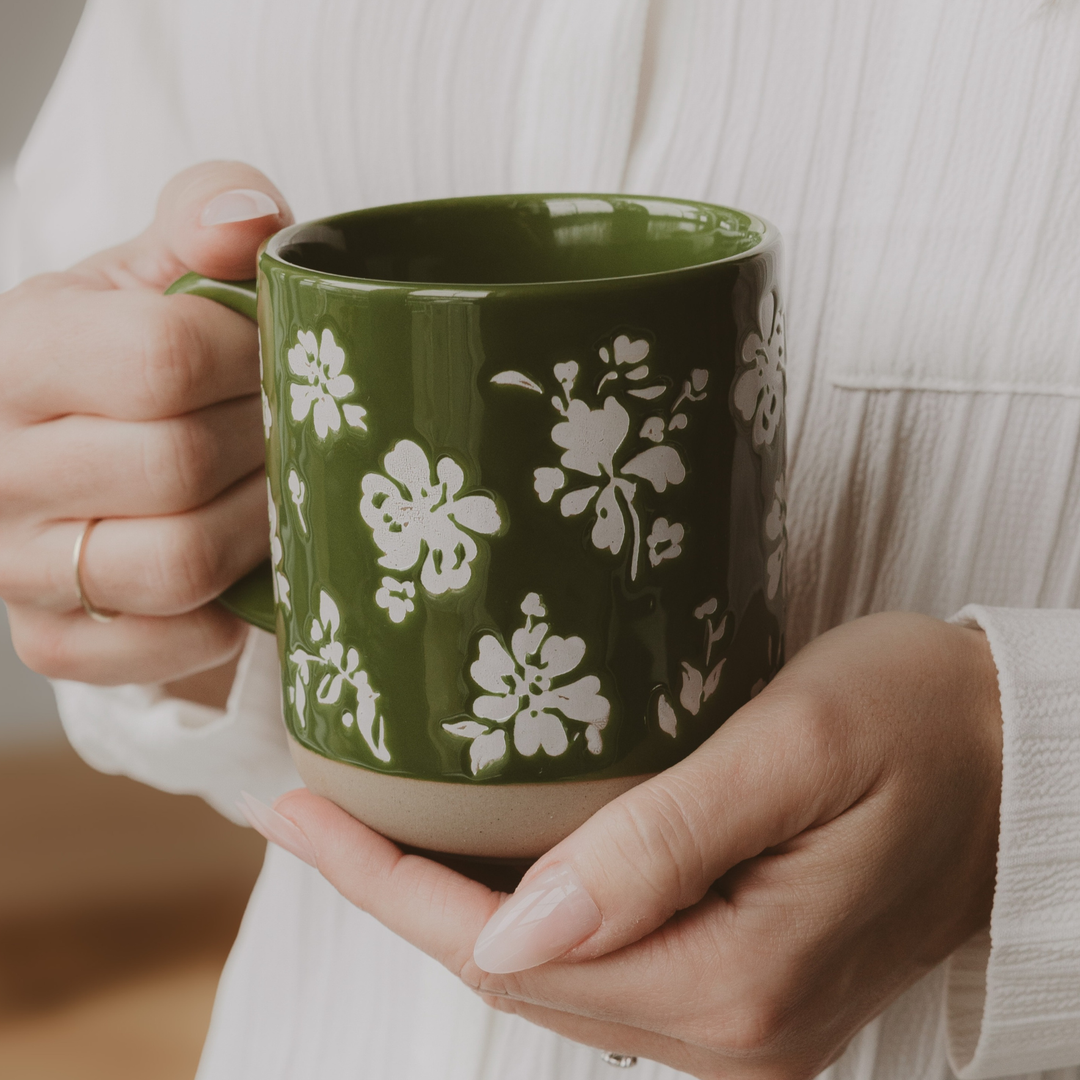 Green Floral Stoneware Coffee Mug