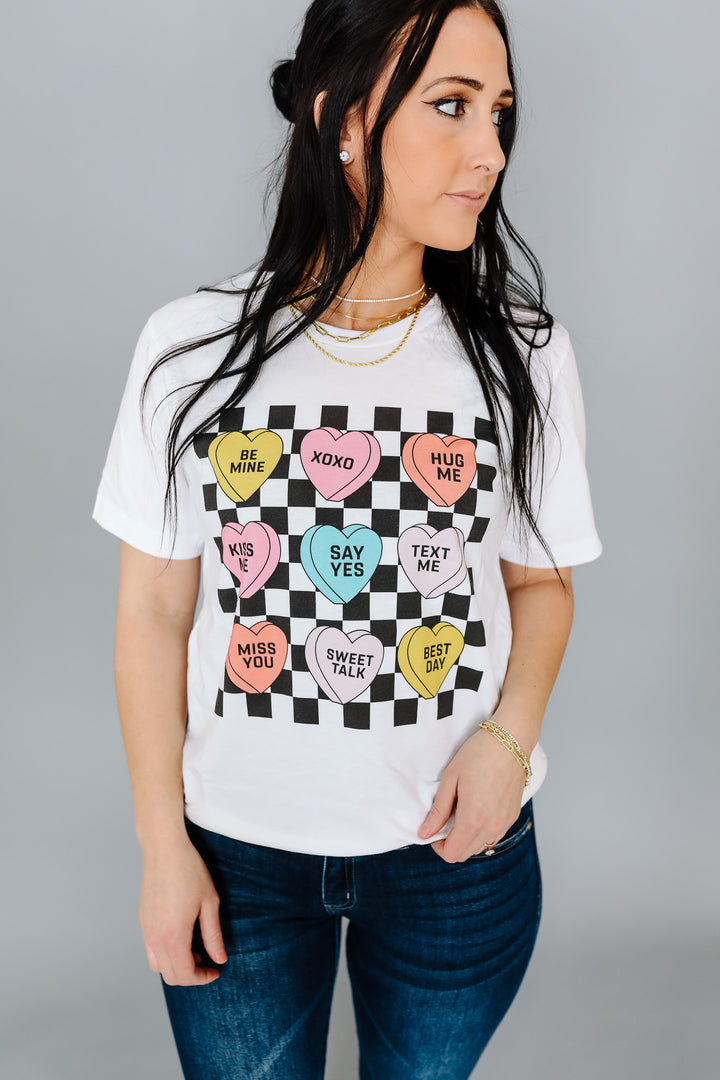 Black Checkered Conversation Hearts Graphic Tee - White