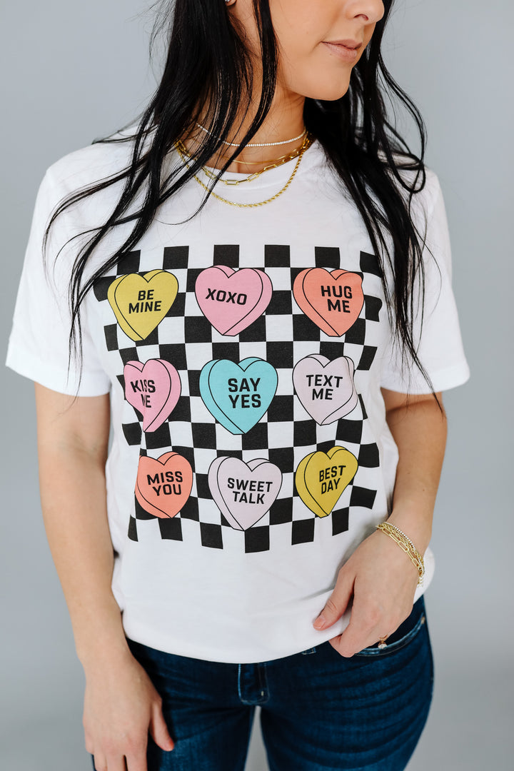 Black Checkered Conversation Hearts Graphic Tee - White