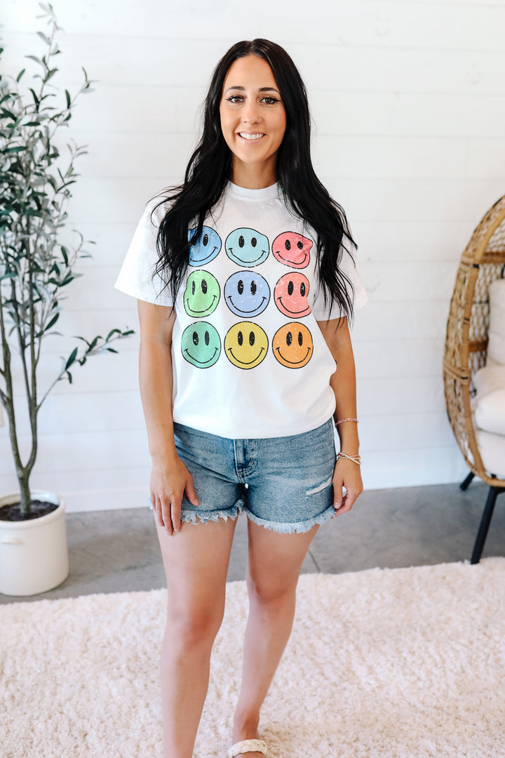 Neon Happy Faces Graphic Tee - White