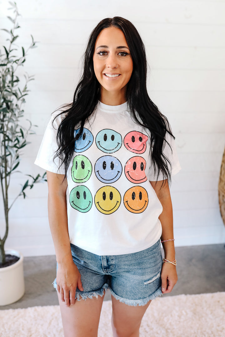 Neon Happy Faces Graphic Tee - White