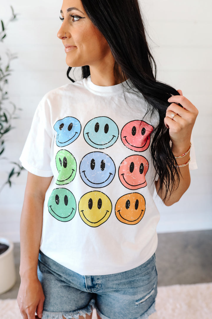 Neon Happy Faces Graphic Tee - White