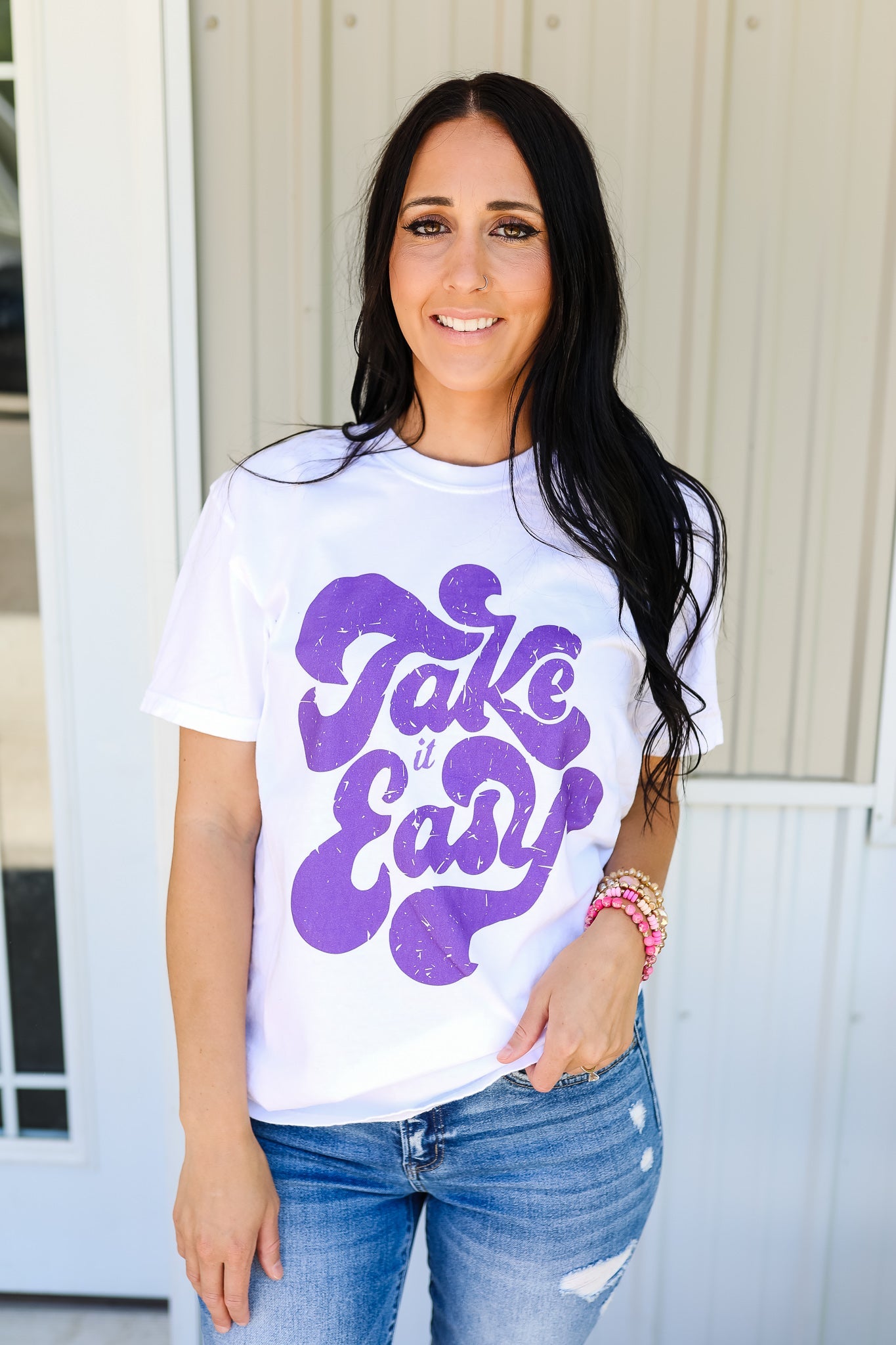 Take It Easy Purple Graphic Tee - White