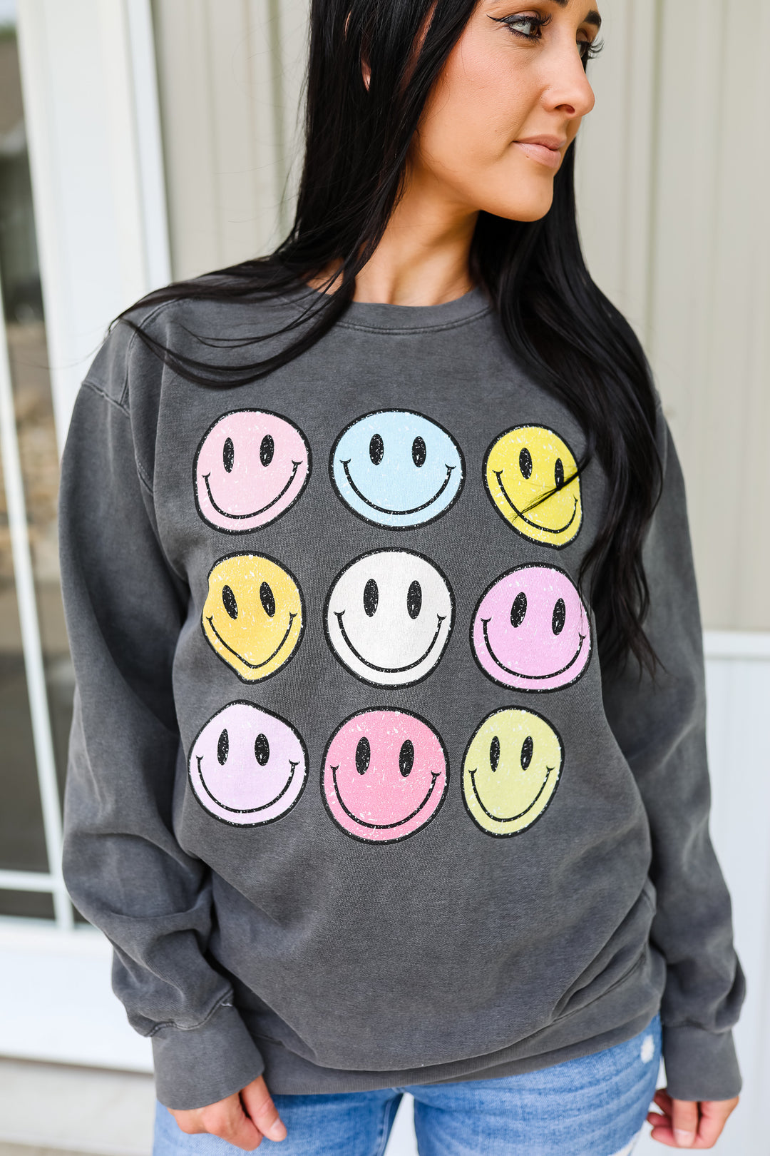 Pastel Distressed Happy Faces Graphic Sweatshirt - Pepper