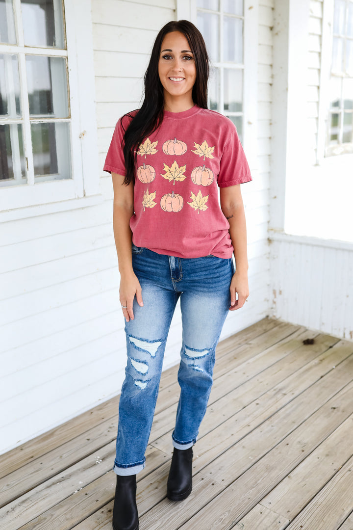 Pumpkin & Leaf Graphic Tee - Brick