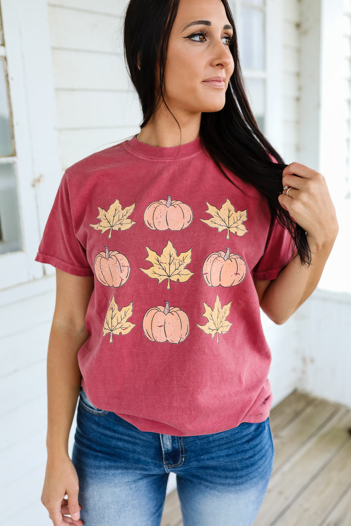 Pumpkin & Leaf Graphic Tee - Brick