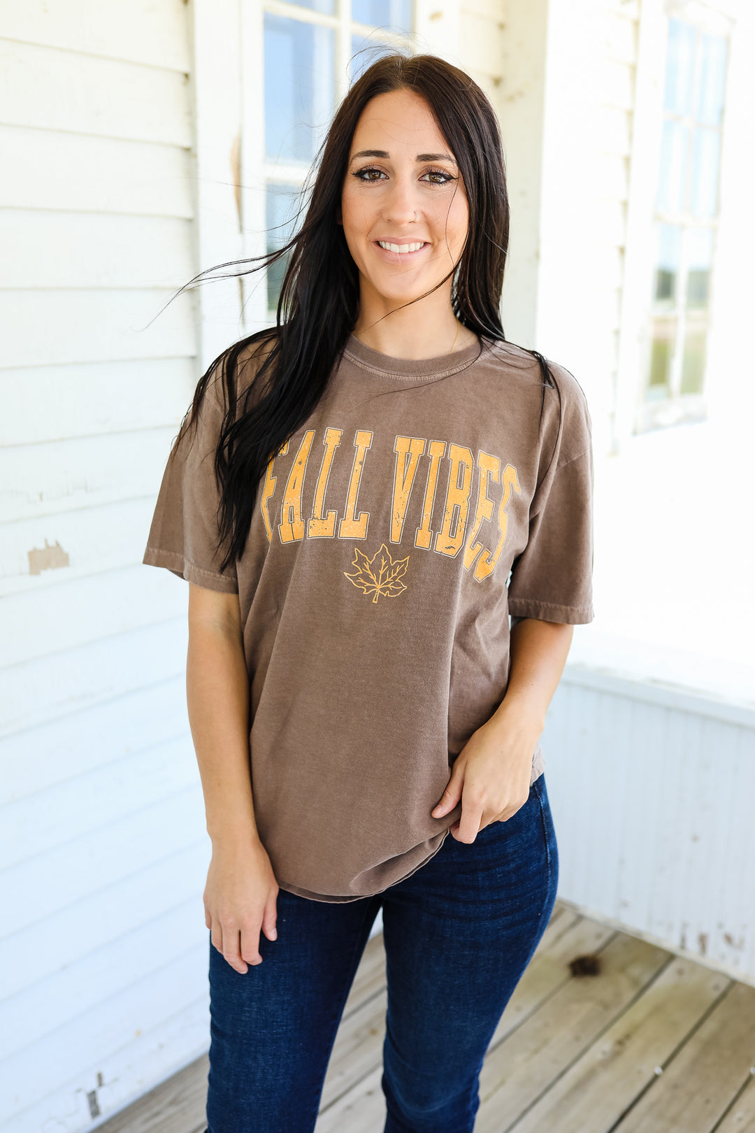 Fall Vibes Orange Leaf Graphic Tee - Espresso