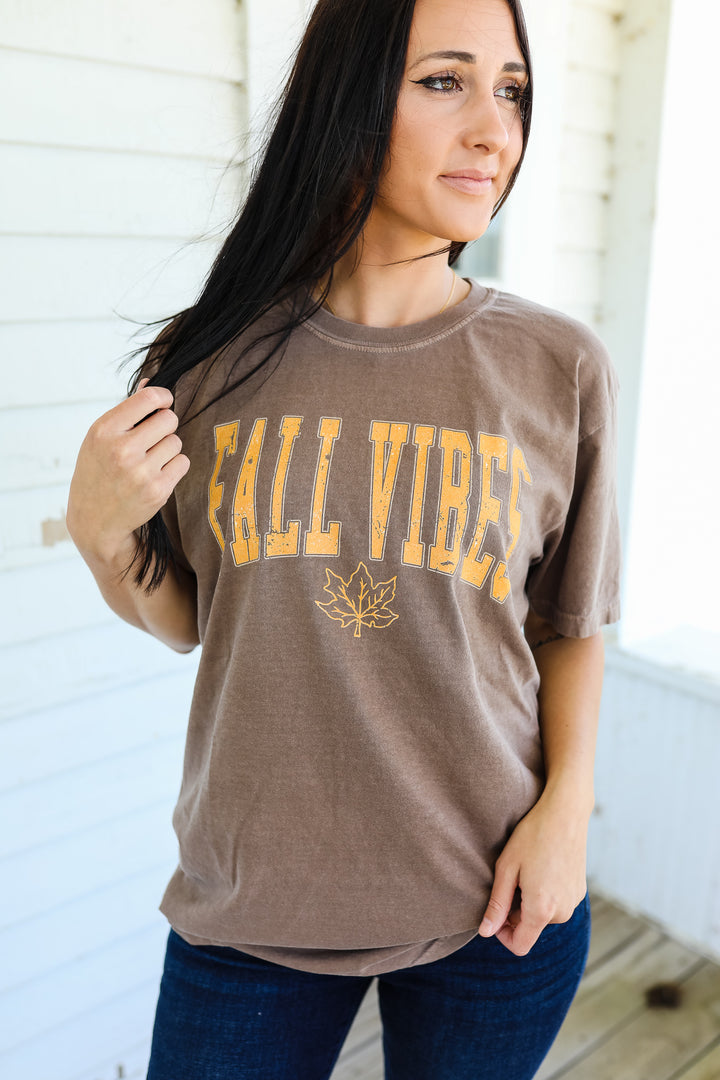 Fall Vibes Orange Leaf Graphic Tee - Espresso