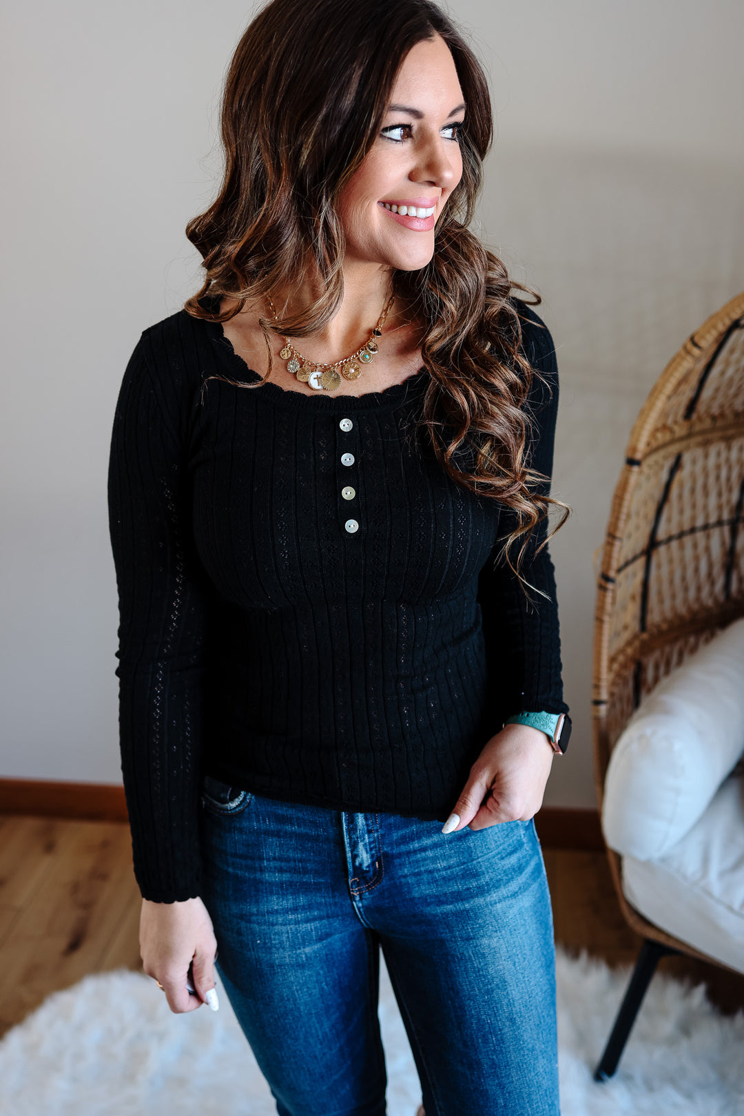 Wren Pointelle Long Sleeve Top - Black