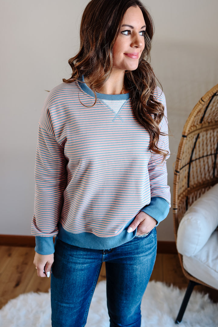 Vivi Mini Stripe Sweatershirt - Blue/Coral