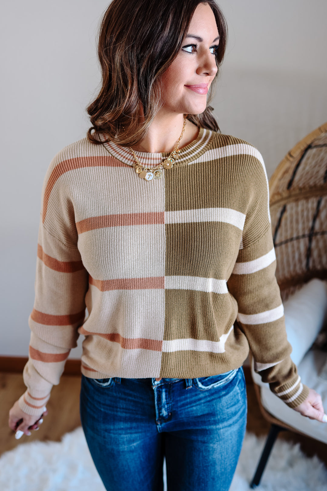 Vale Colorblock Stripe Sweater - Salmon/Olive