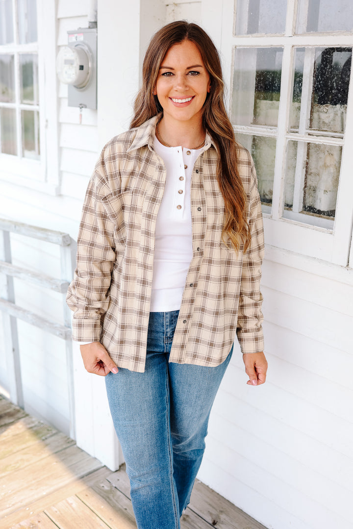 Chloe Corduroy Plaid Button Down - Taupe