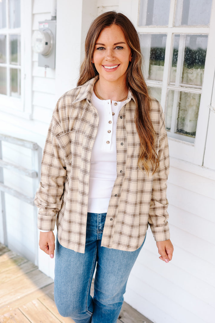 Chloe Corduroy Plaid Button Down - Taupe