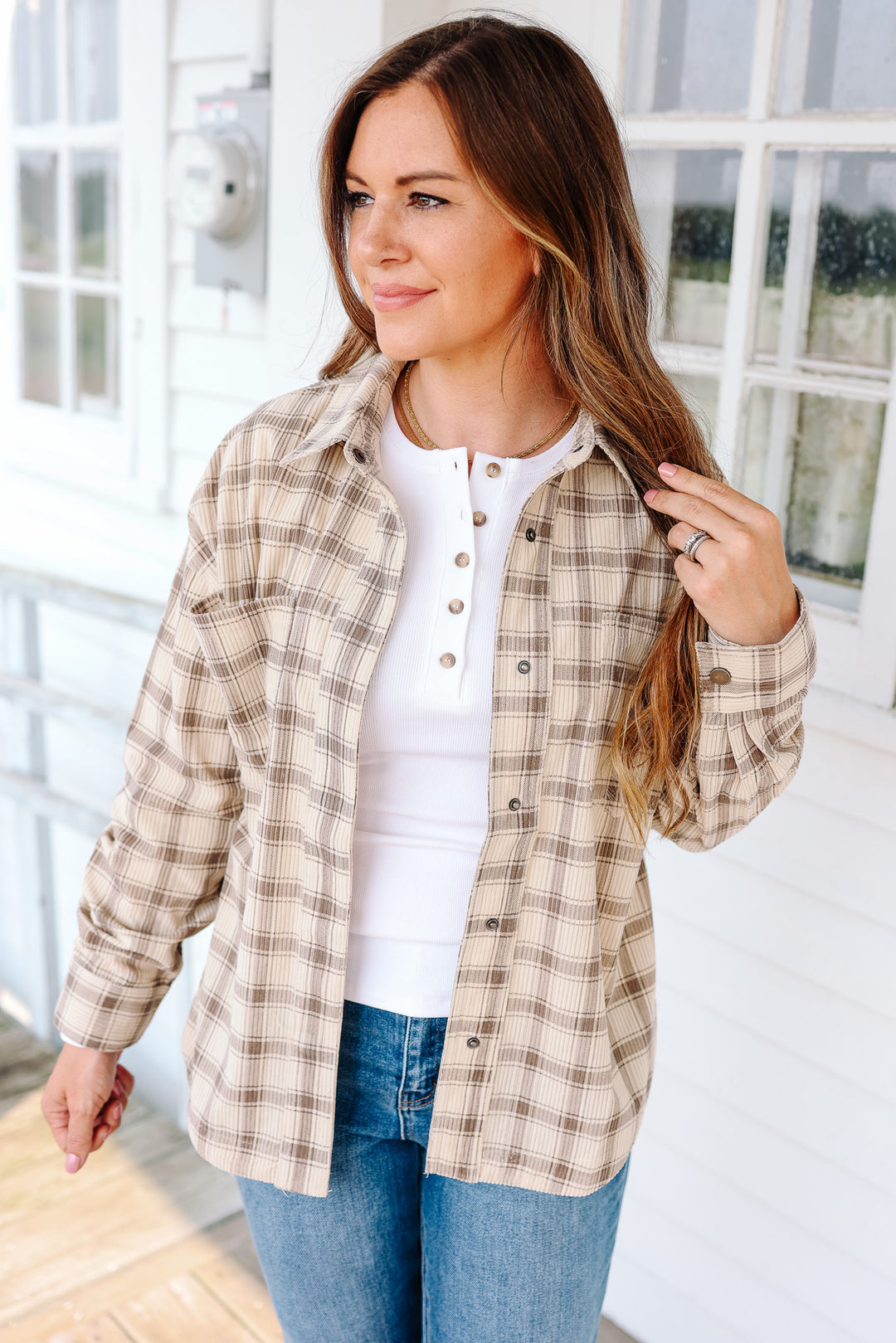 Chloe Corduroy Plaid Button Down - Taupe