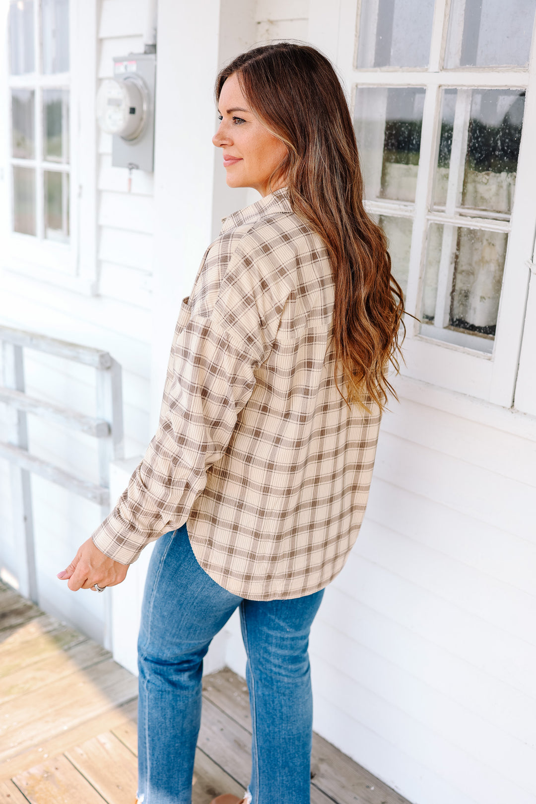 Chloe Corduroy Plaid Button Down - Taupe