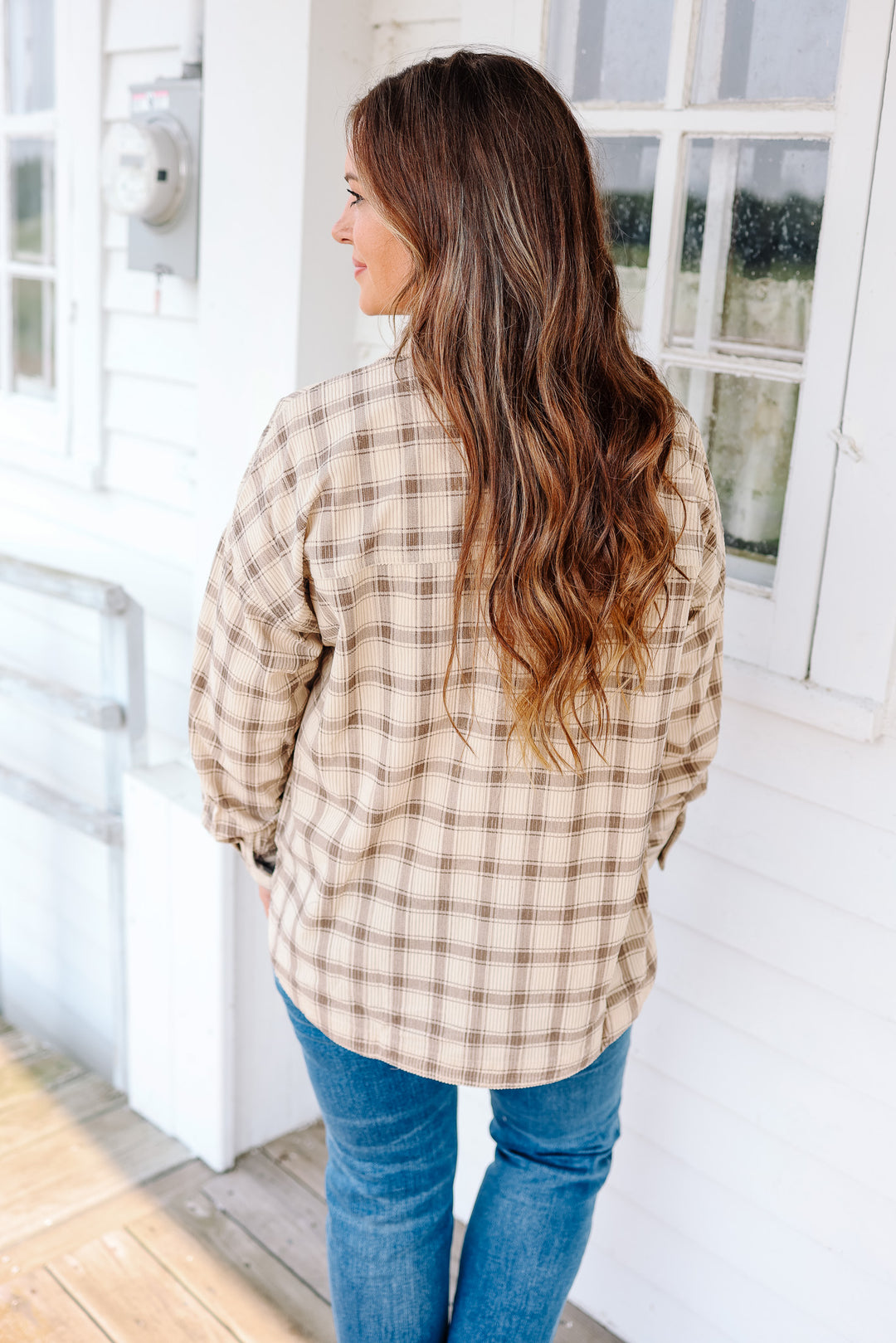 Chloe Corduroy Plaid Button Down - Taupe