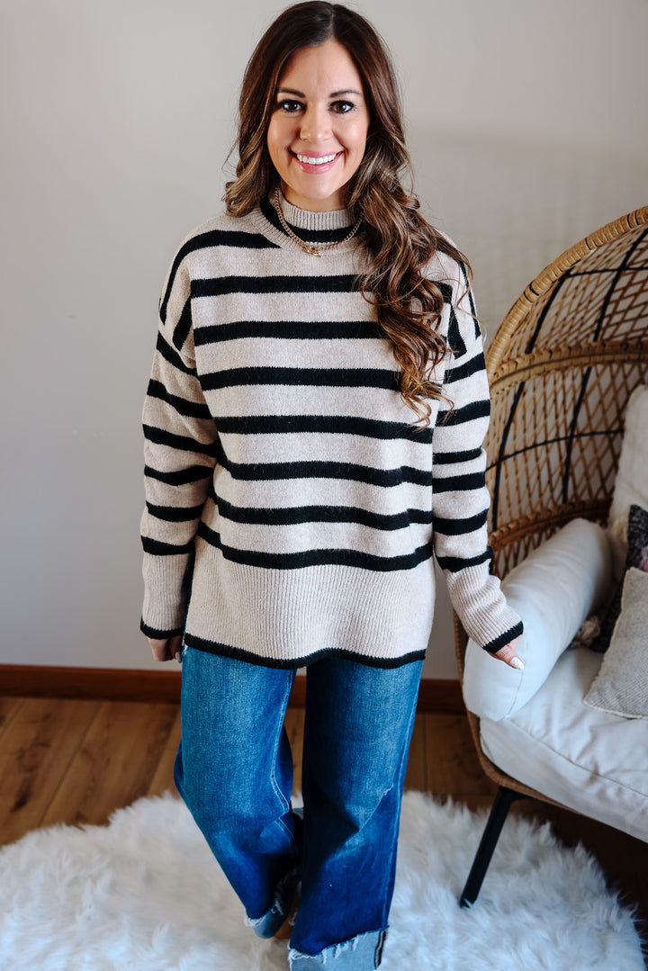 Zaire Striped Tunic Sweater - Beige/Black