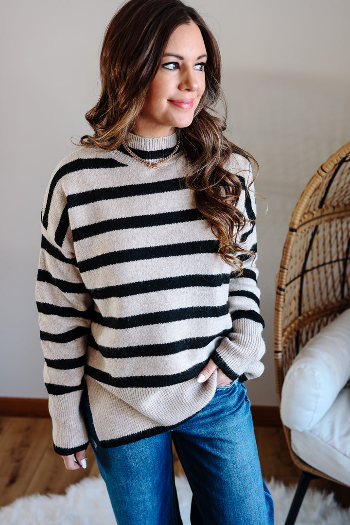 Zaire Striped Tunic Sweater - Beige/Black