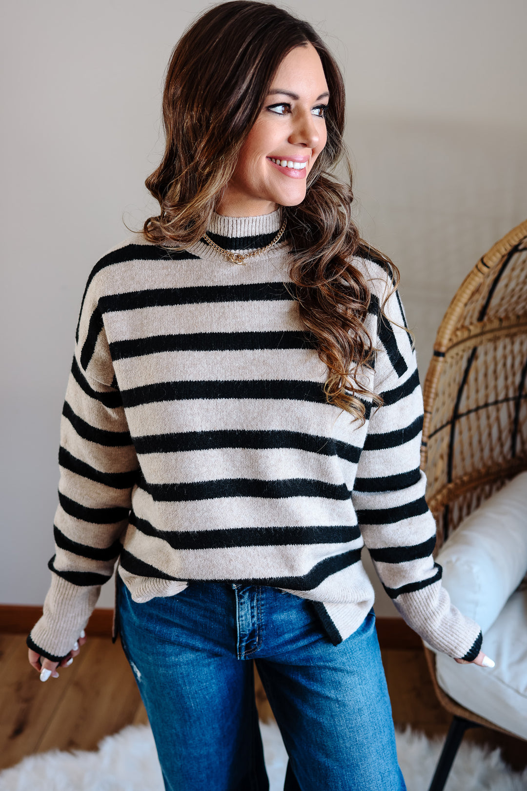 Zaire Striped Tunic Sweater - Beige/Black