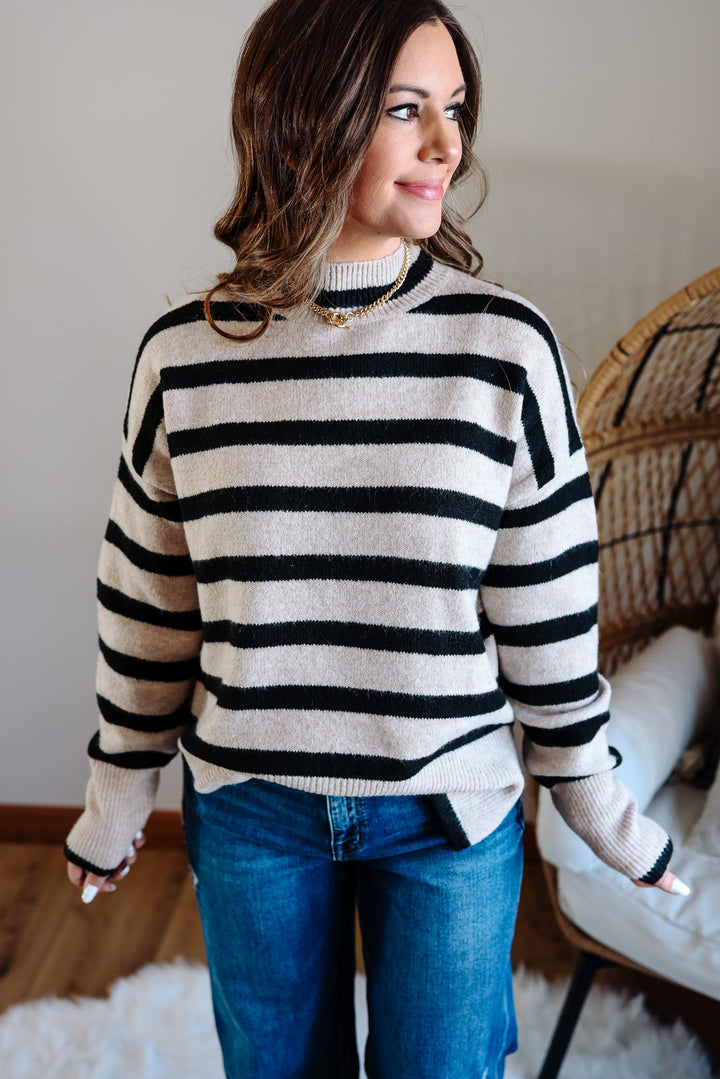 Zaire Striped Tunic Sweater - Beige/Black