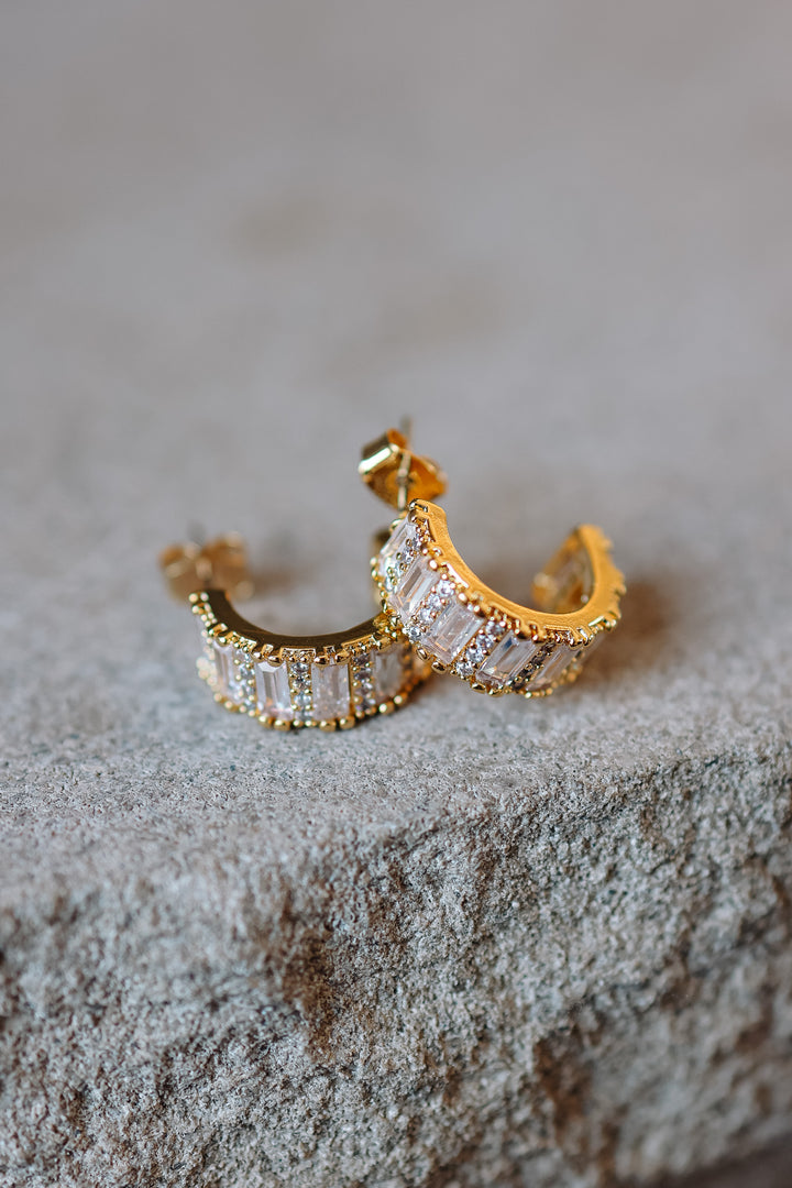 Pave Baguette Hoop Earrings - Gold