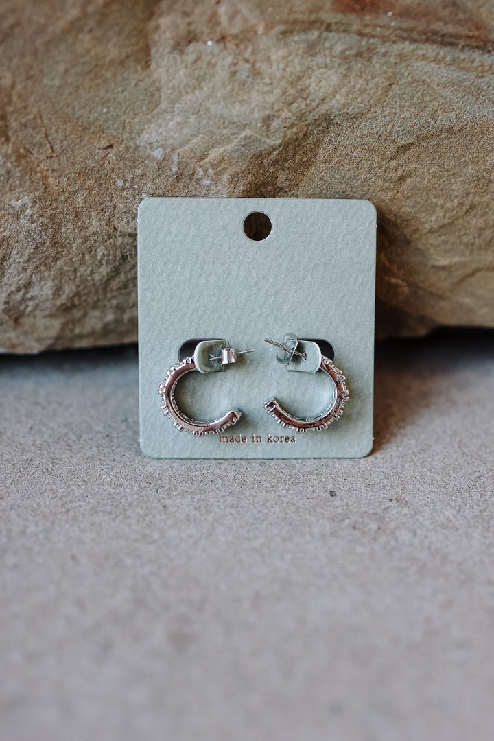 Pave Baguette Hoop Earrings - Silver