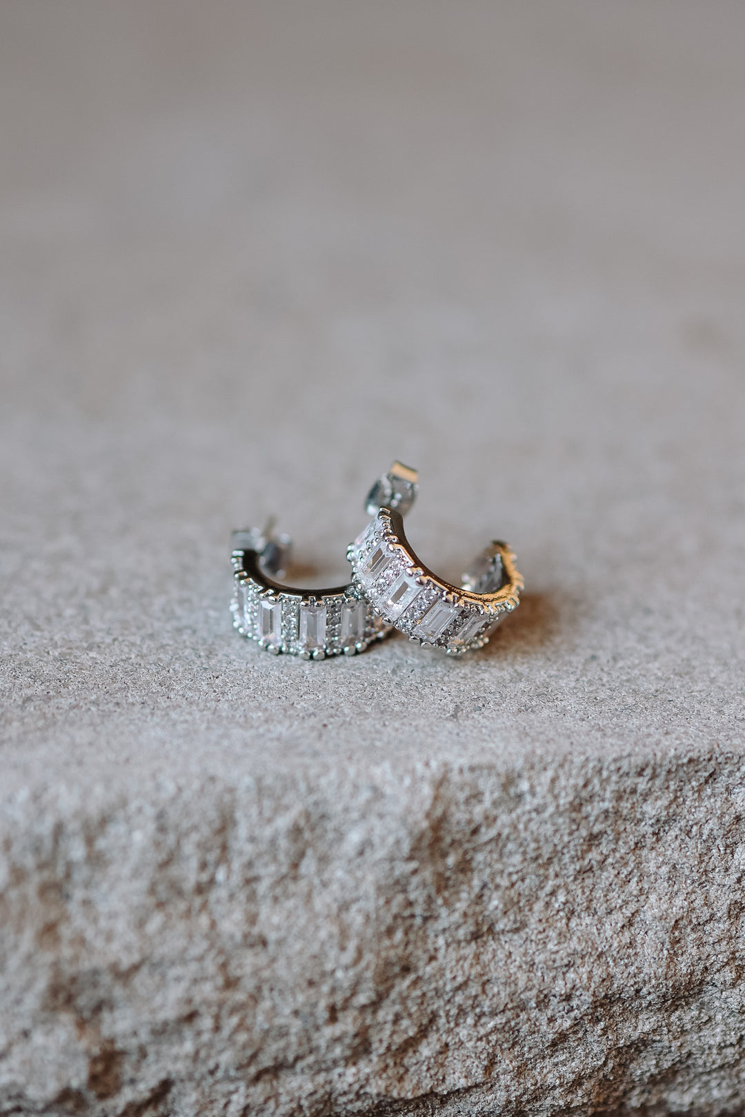 Pave Baguette Hoop Earrings - Silver