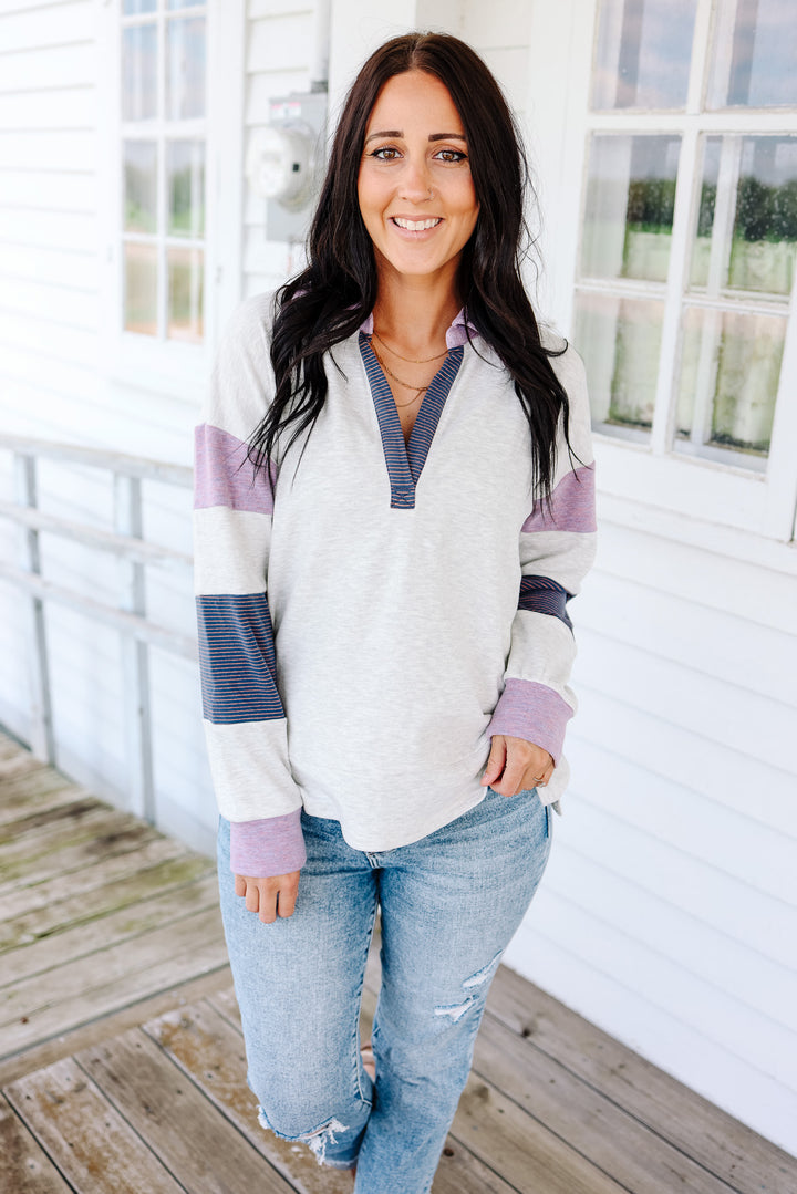 Lucy Jersey Stripe Pullover - Light Heather Grey/Orchid