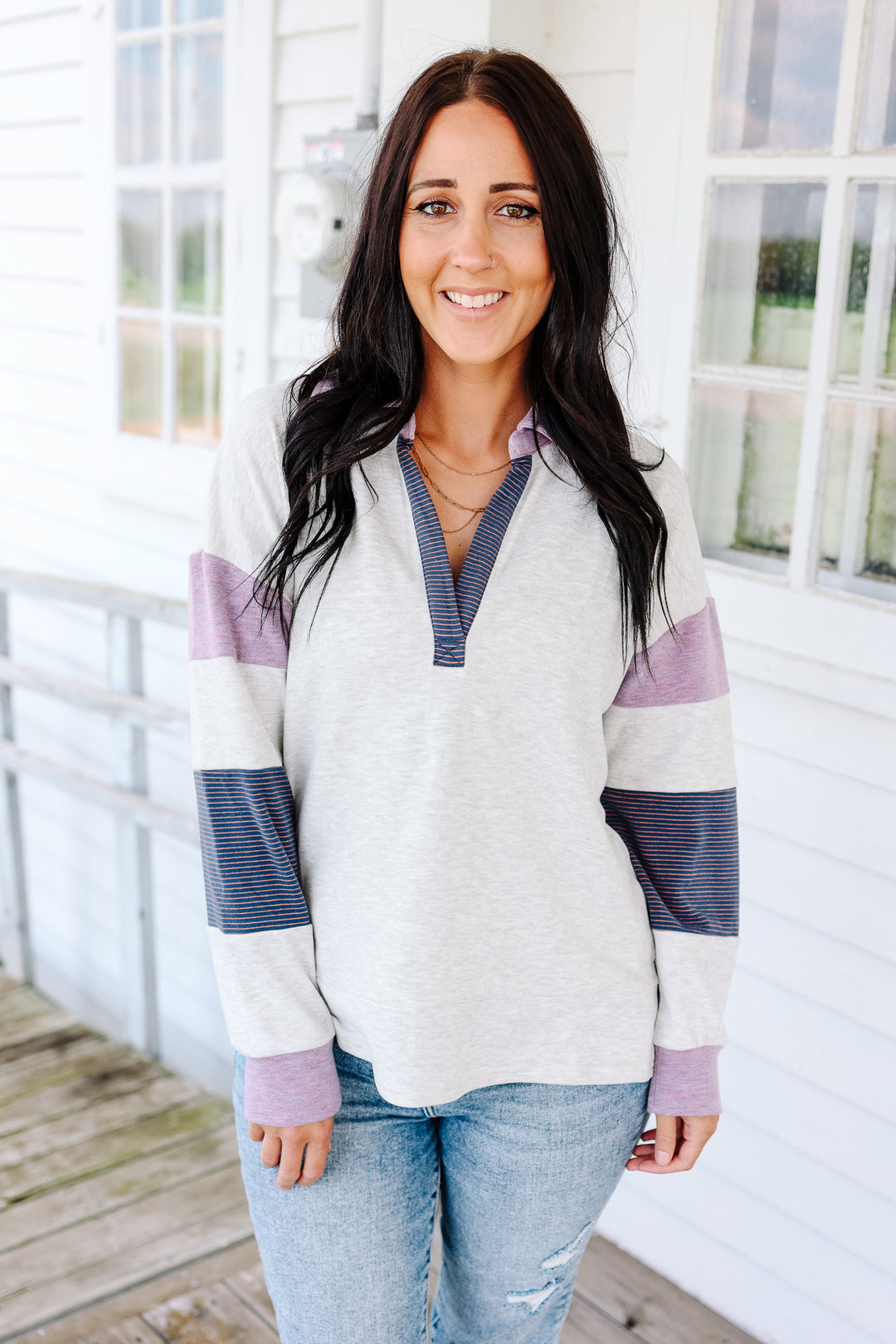 Lucy Jersey Stripe Pullover - Light Heather Grey/Orchid