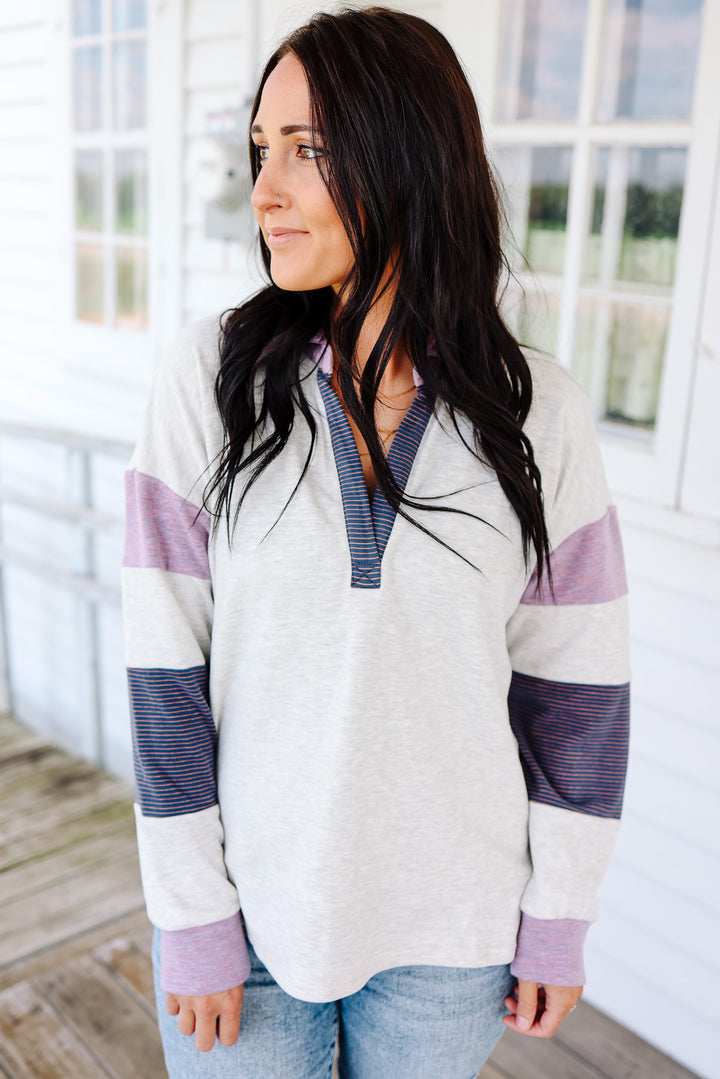 Lucy Jersey Stripe Pullover - Light Heather Grey/Orchid