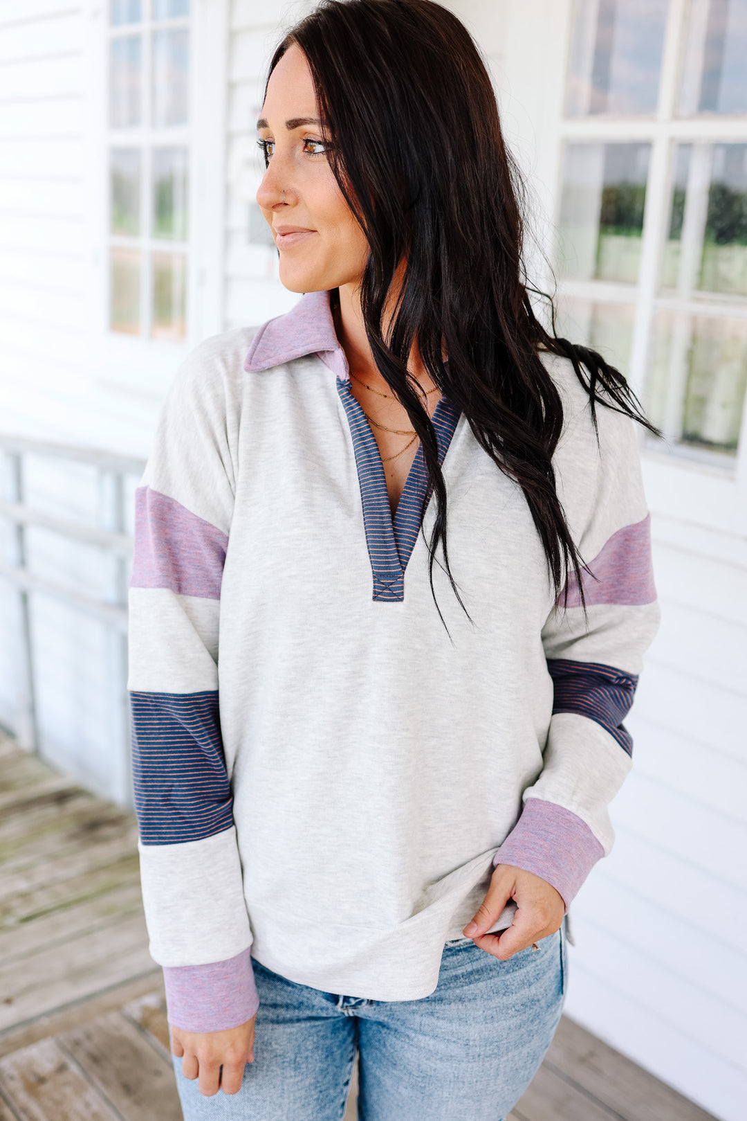 Lucy Jersey Stripe Pullover - Light Heather Grey/Orchid