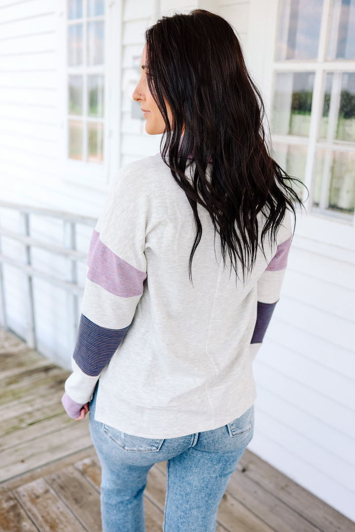 Lucy Jersey Stripe Pullover - Light Heather Grey/Orchid