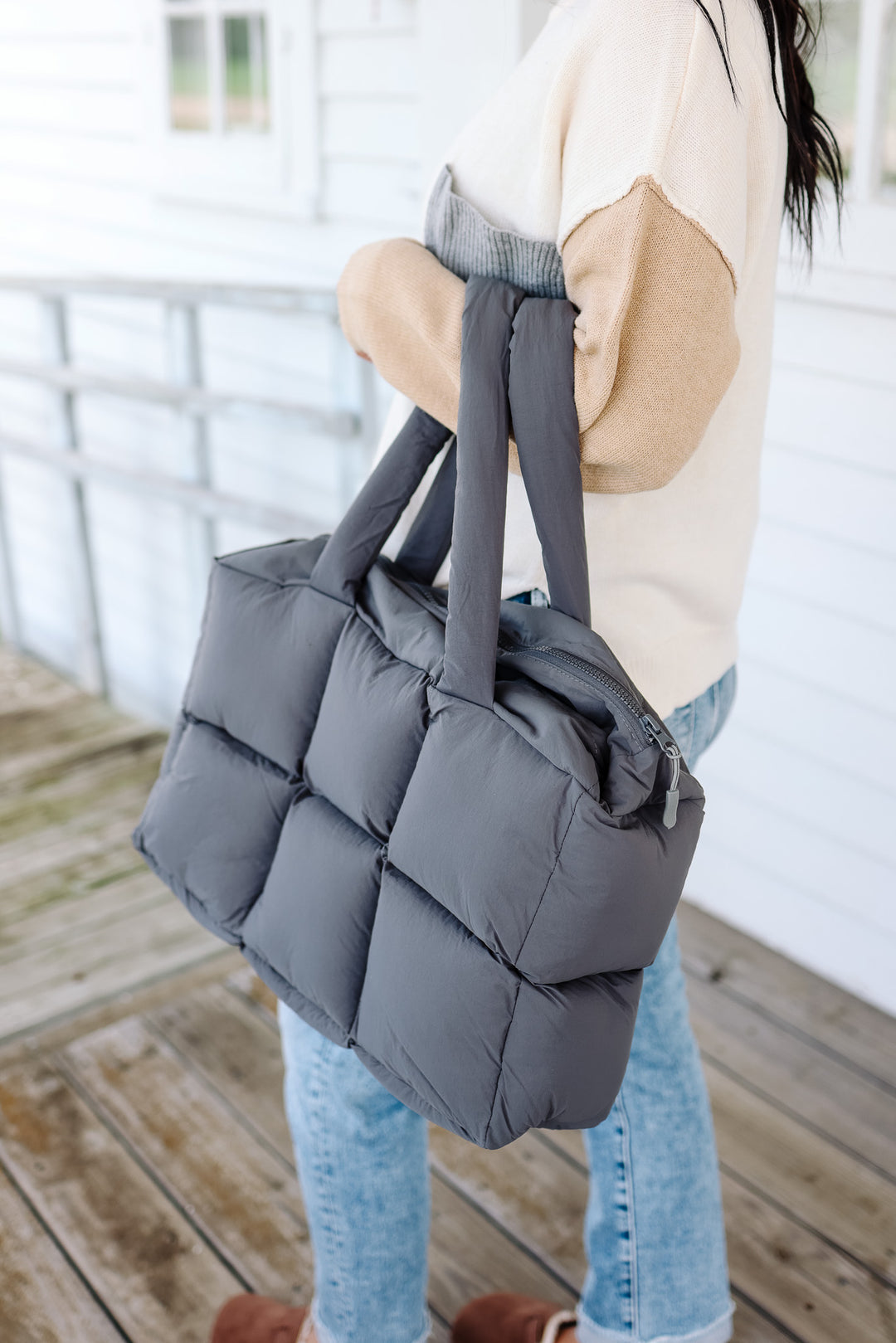 Kylie Quilted Tote Bag - Gray