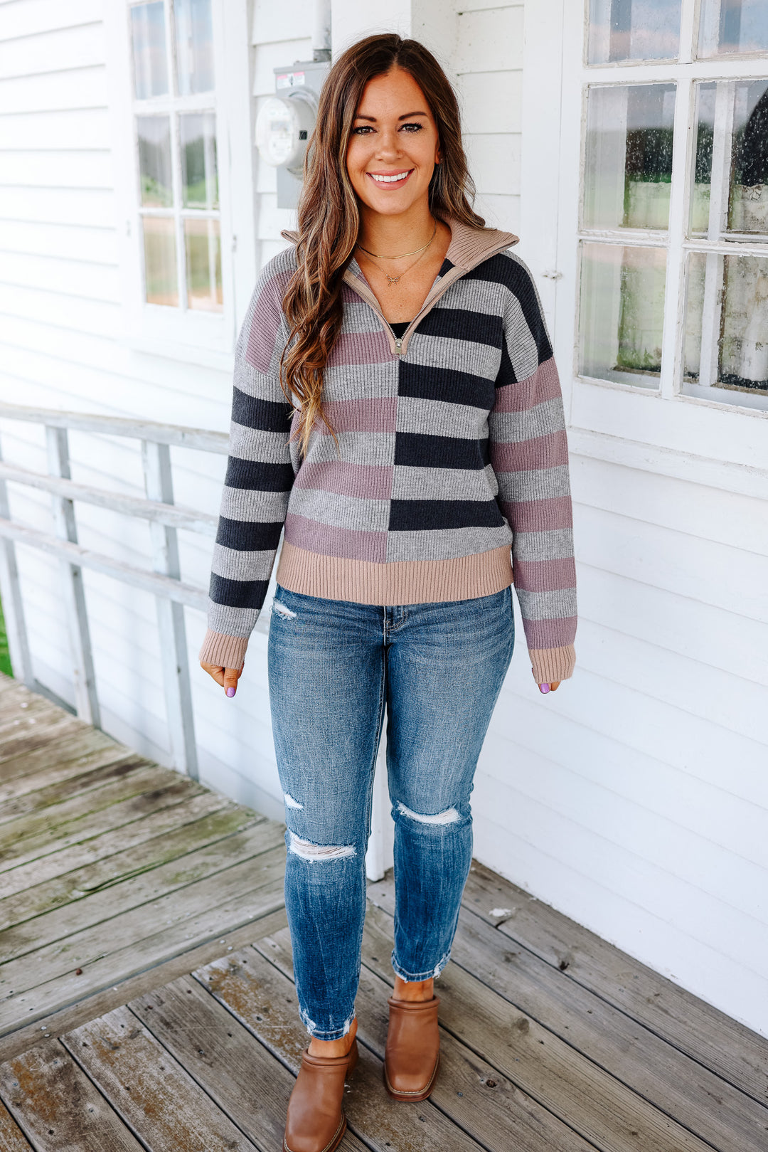 Ivy Half Zip Multi Striped Sweater