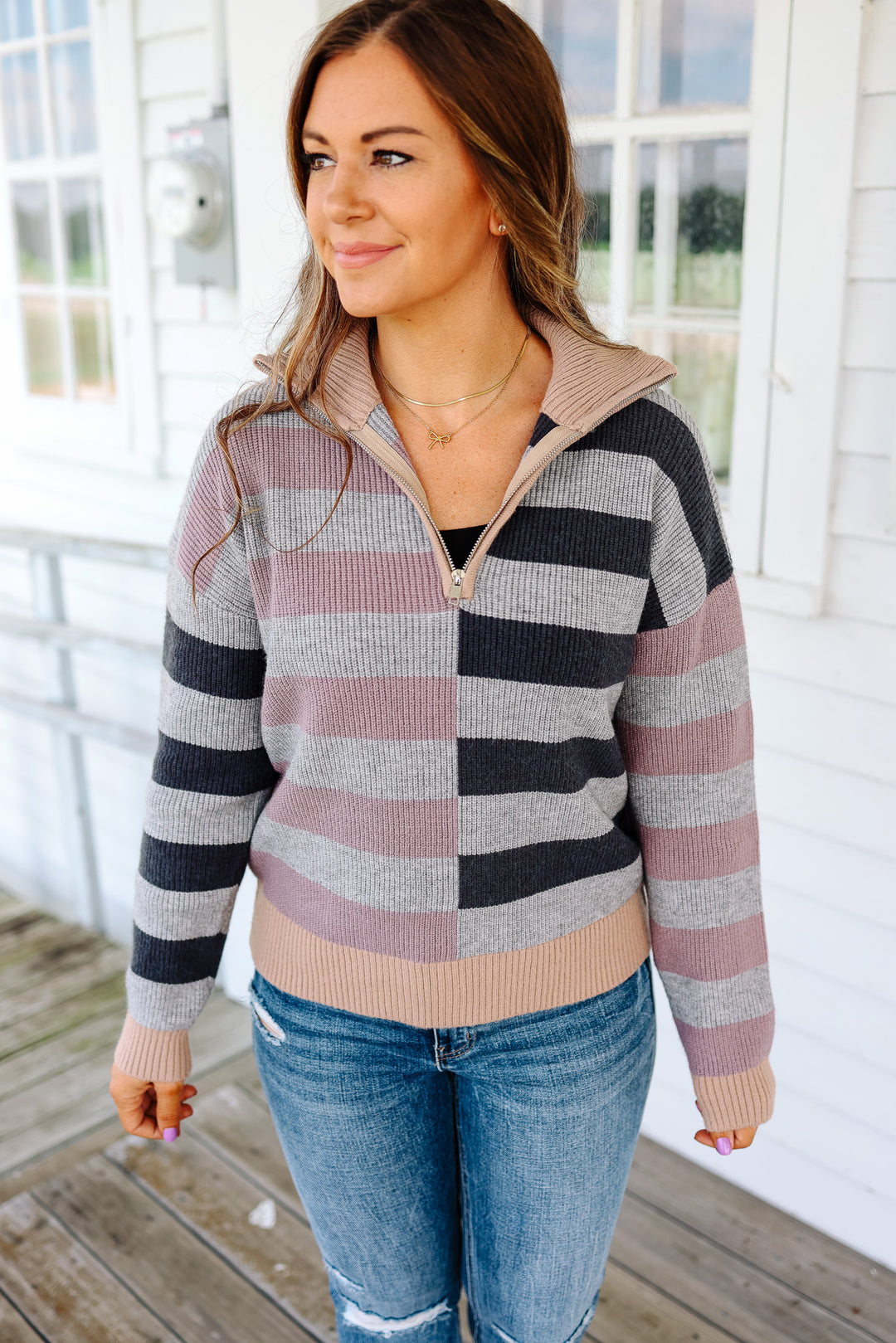 Ivy Half Zip Multi Striped Sweater