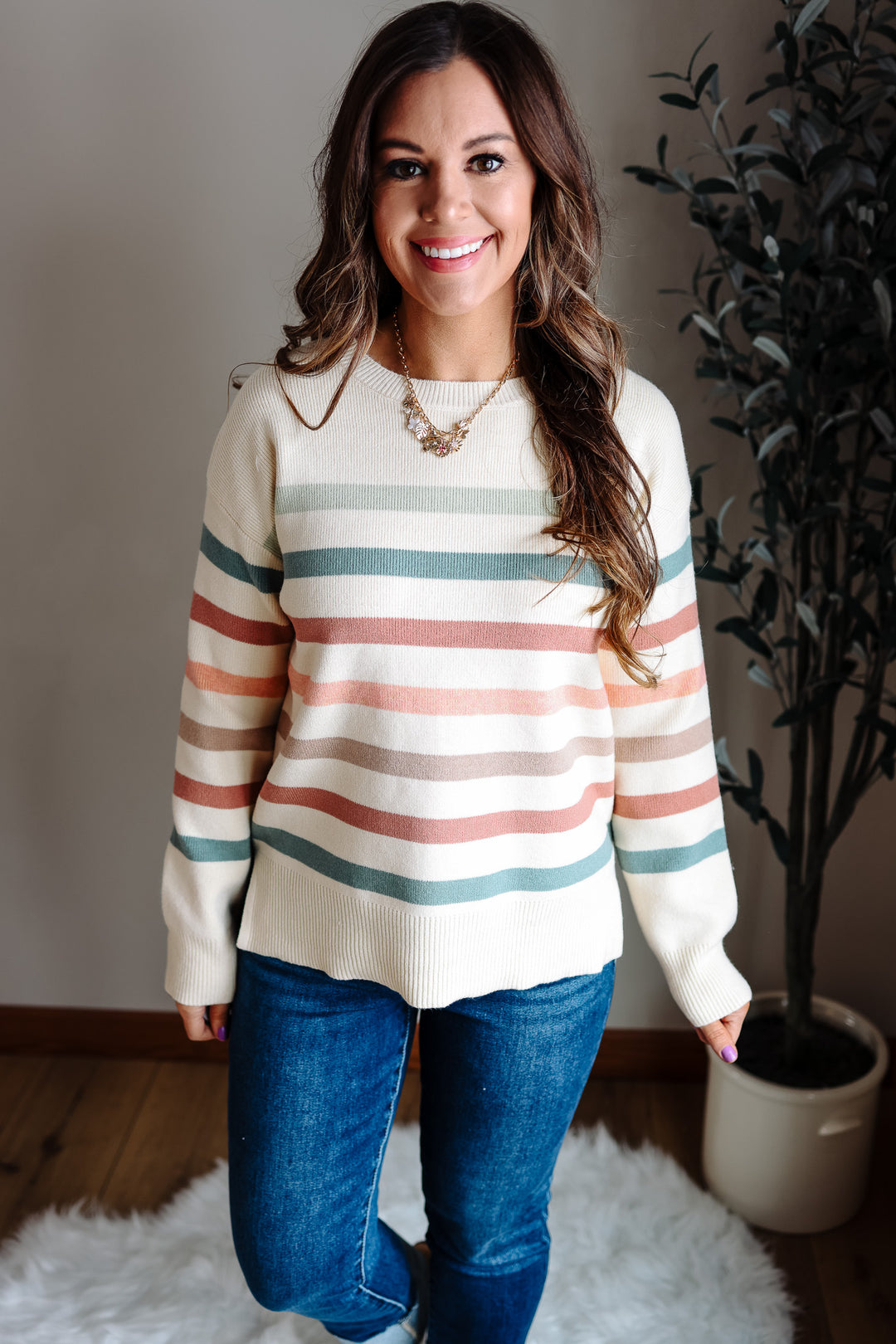 Leona Stripe Sweater - Sage & Pink