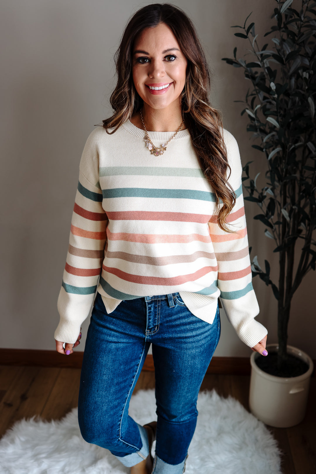 Leona Stripe Sweater - Sage & Pink