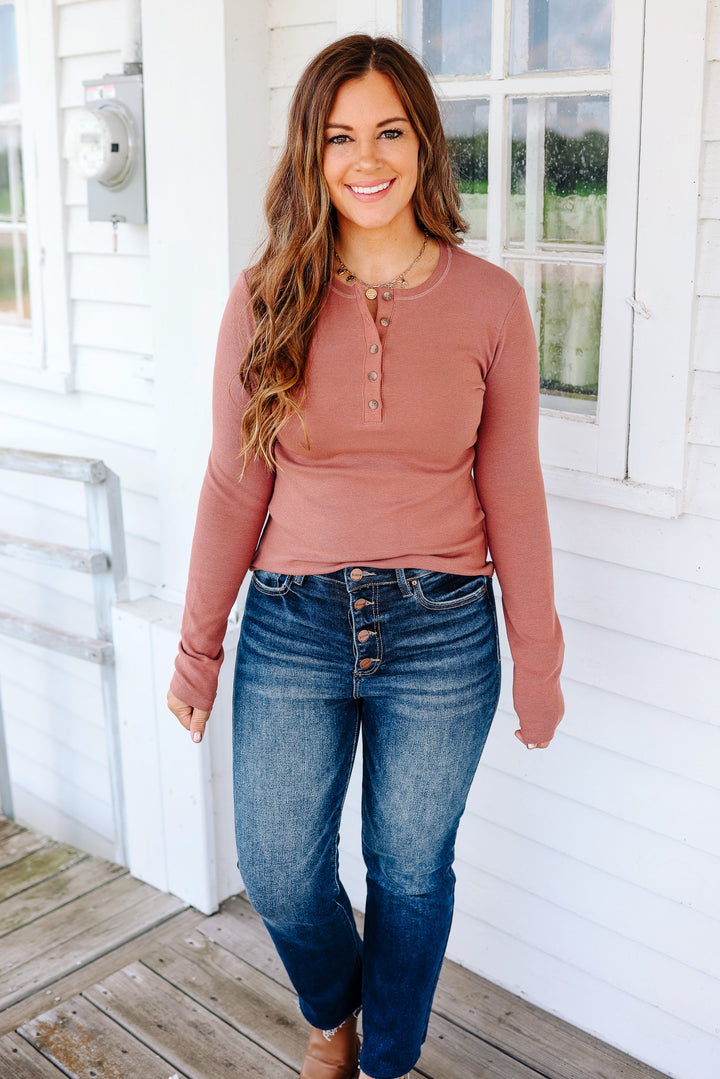 Audrey Ribbed Henley - Marsala