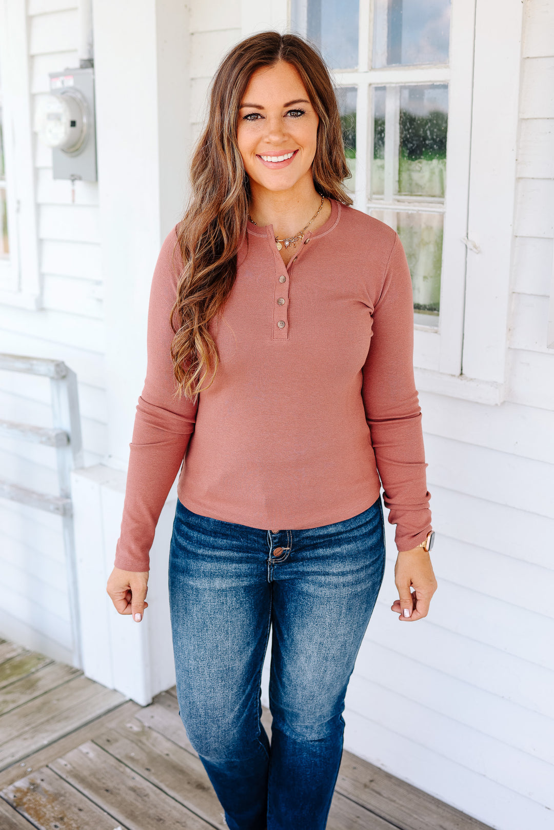 Audrey Ribbed Henley - Marsala