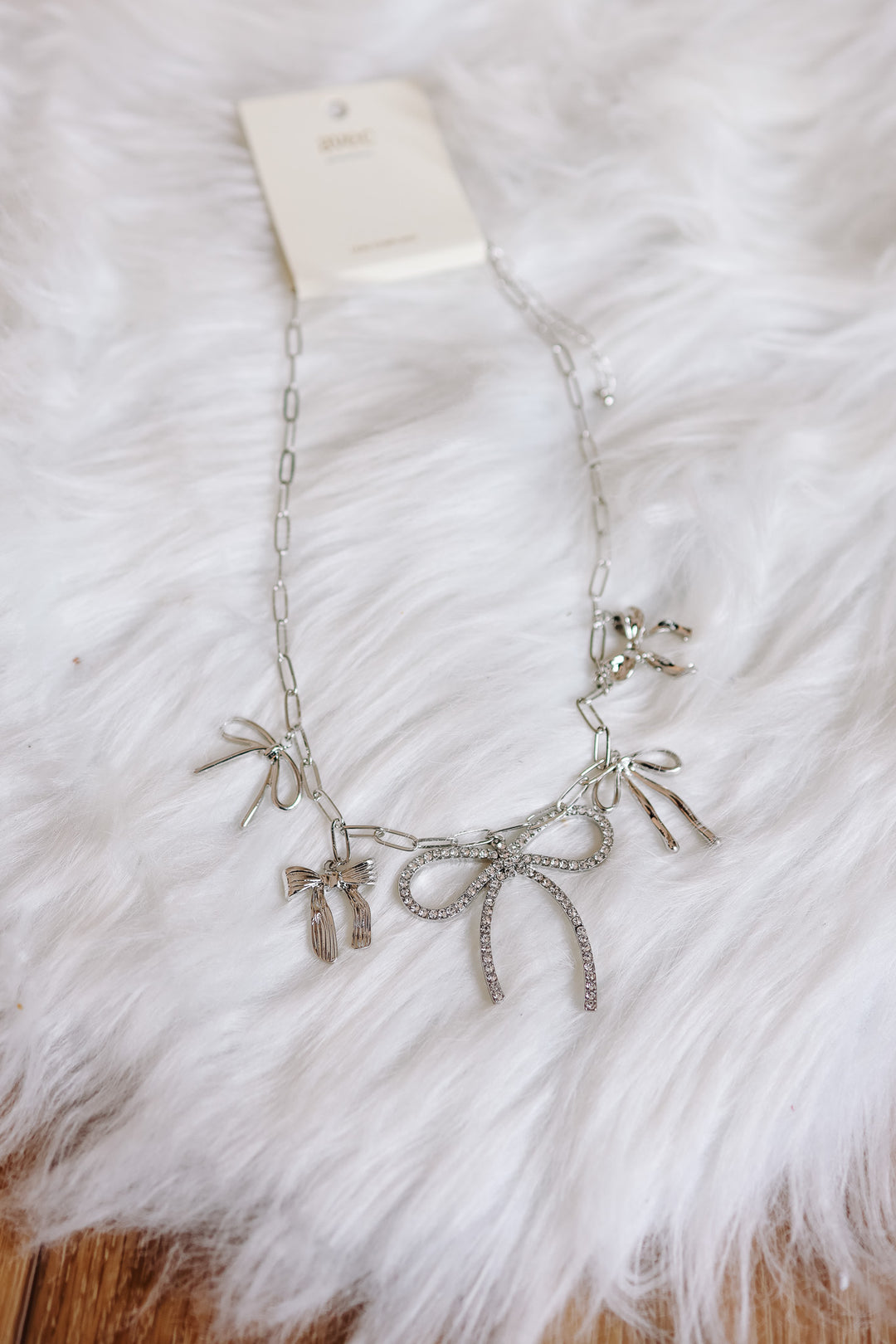 Bow Charm Station Necklace  - Silver