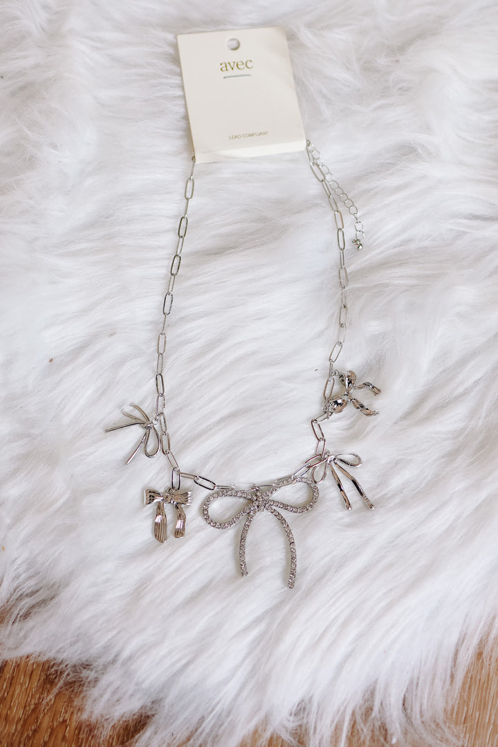 Bow Charm Station Necklace  - Silver