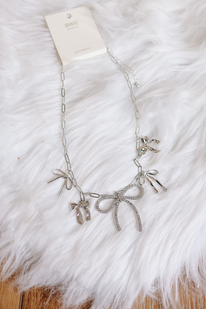 Bow Charm Station Necklace  - Silver