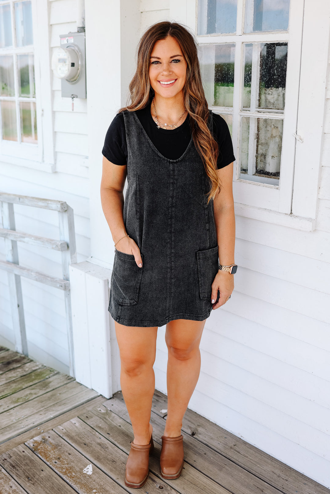 Snow Wash Twill Overall Dress - Black