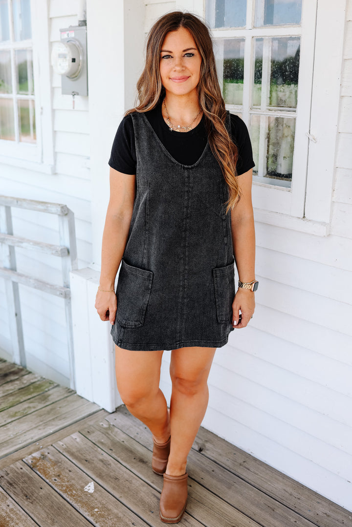 Snow Wash Twill Overall Dress - Black