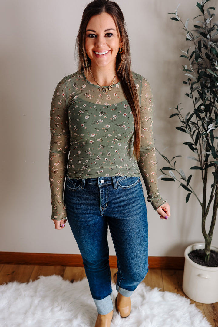 Meadow Floral Mesh Top - Olive