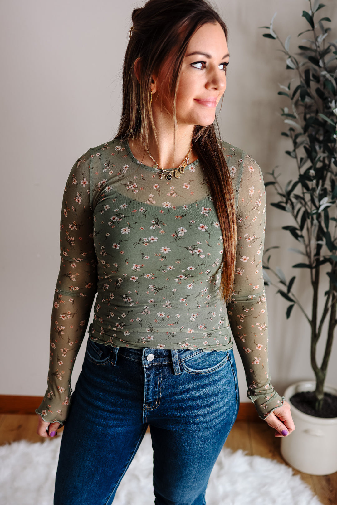 Meadow Floral Mesh Top - Olive