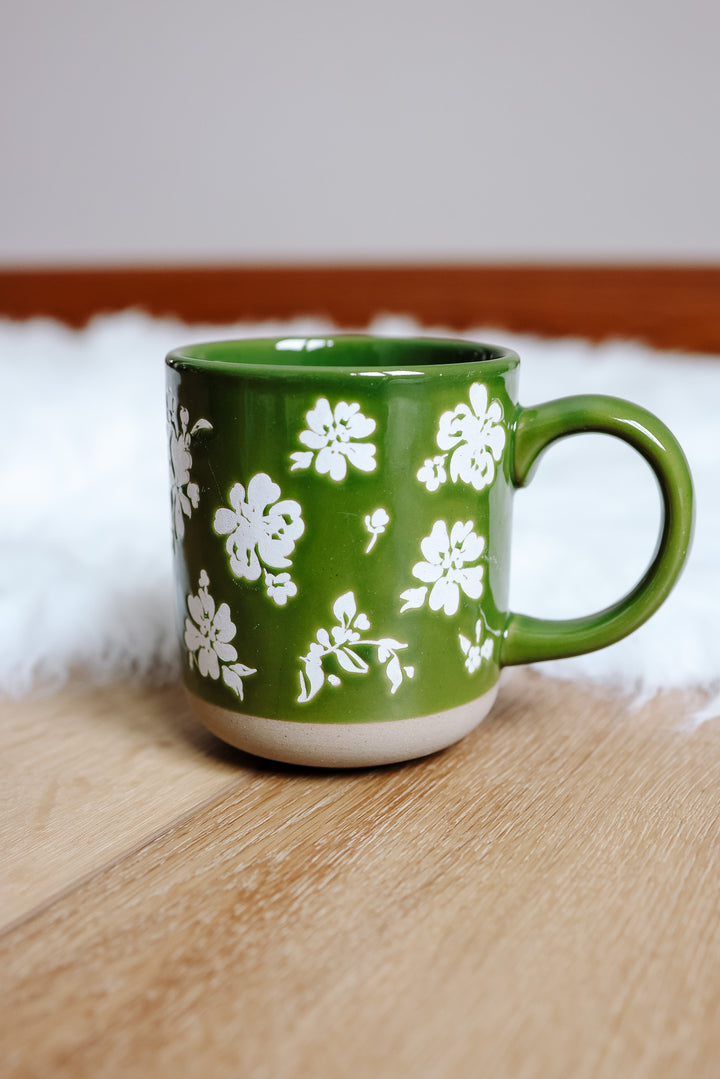 Green Floral Stoneware Coffee Mug