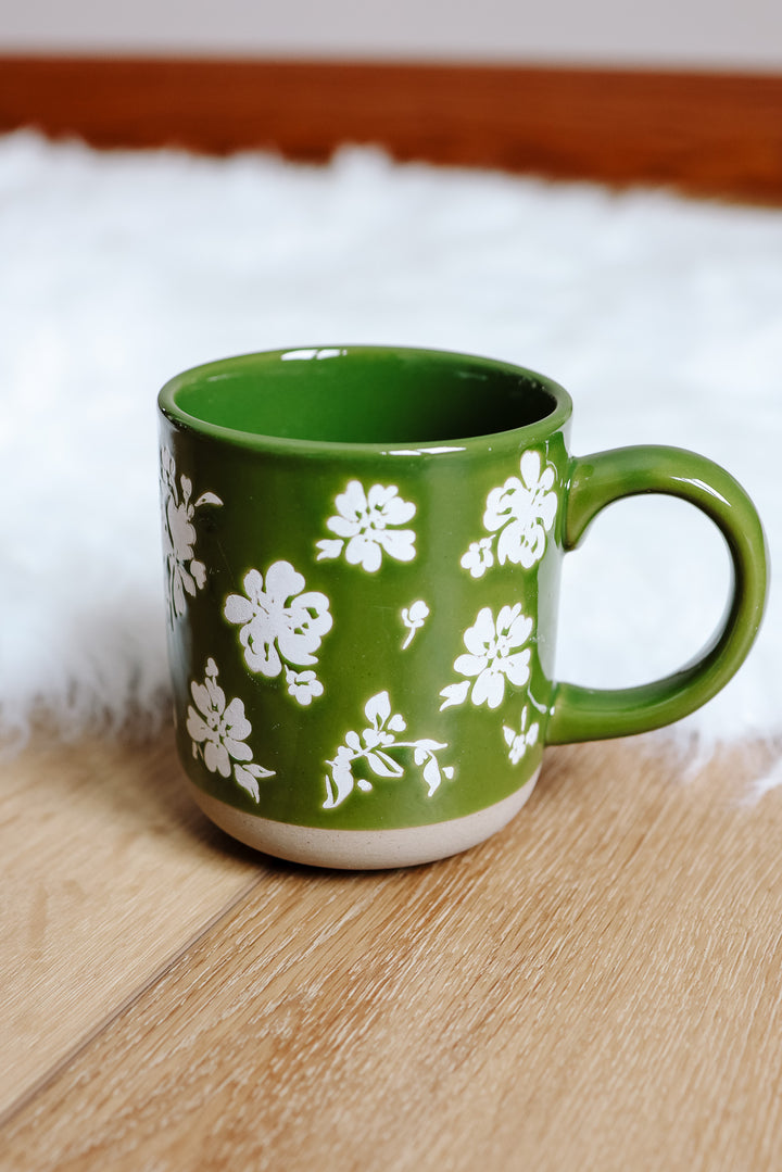 Green Floral Stoneware Coffee Mug