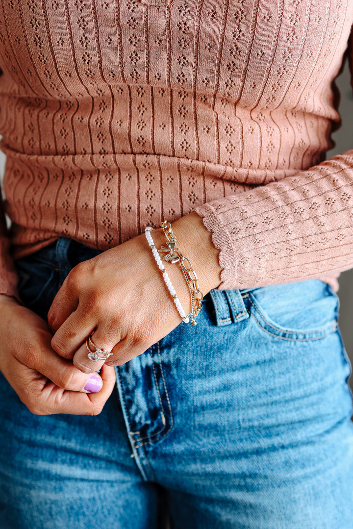 Bow Pearl Link Trio Set Bracelets